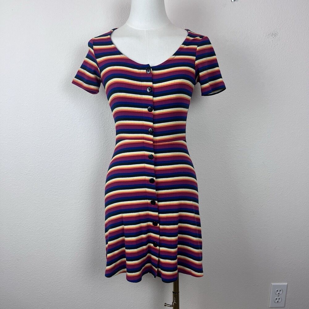 Topshop Dress Womens Four Mini Skater Fit and Flare Stripe Button Rainbow